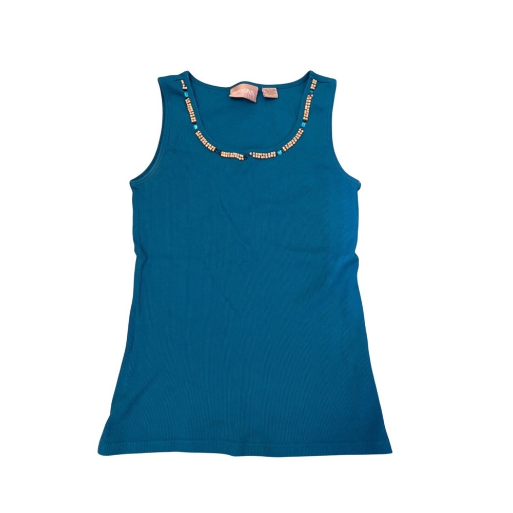Personal Identity Y2K Teal Blue Beaded Neck Ribbed‎ Cotton Tank Top Womens L M